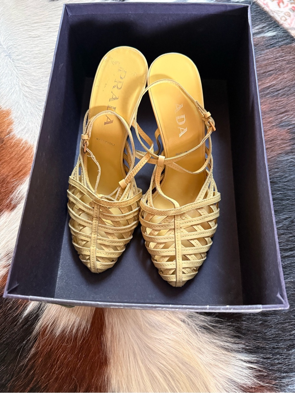 Prada Yellow Leather Woven Slingback Heels - Picture 8 of 9